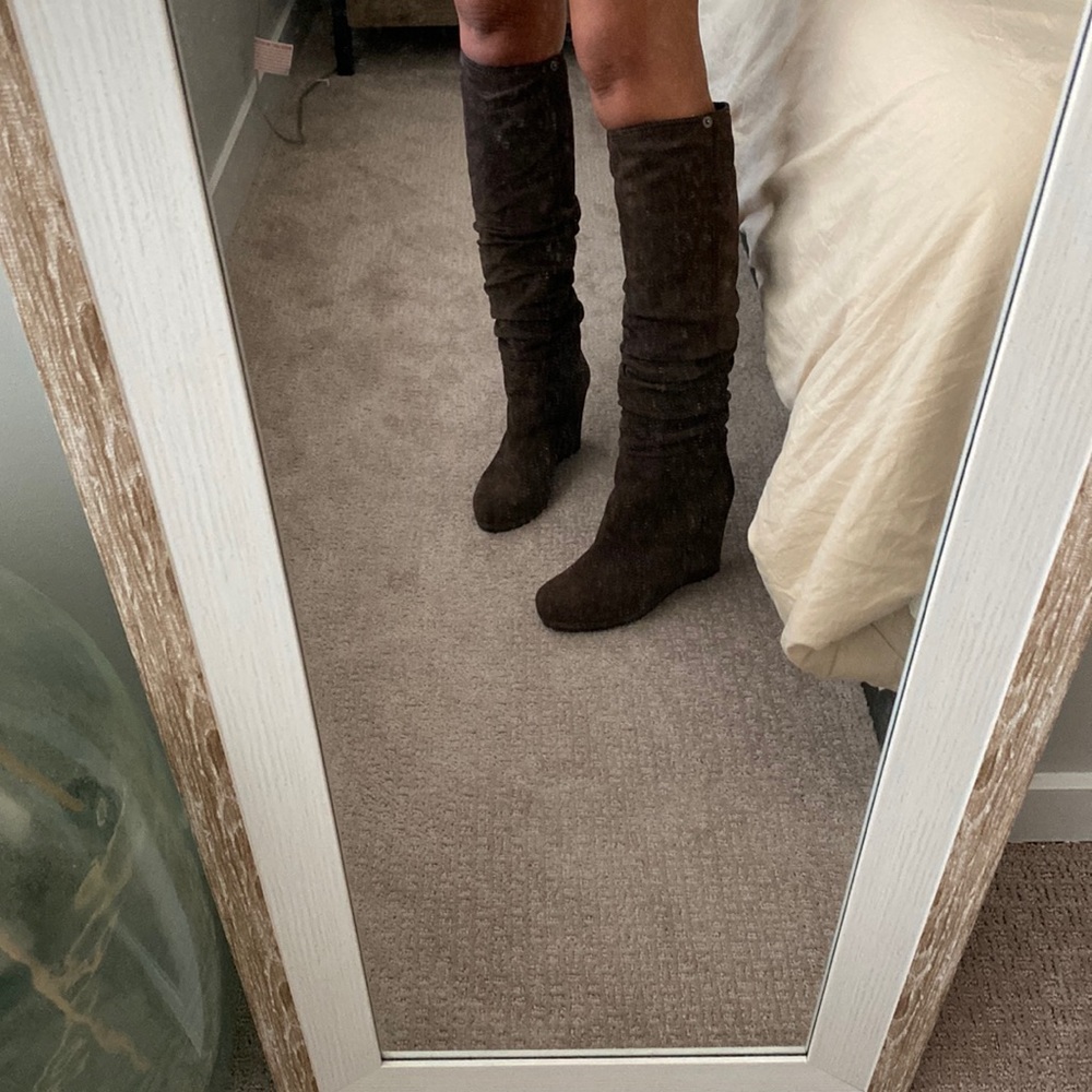 Prada Suede ruched knee high wedge boots